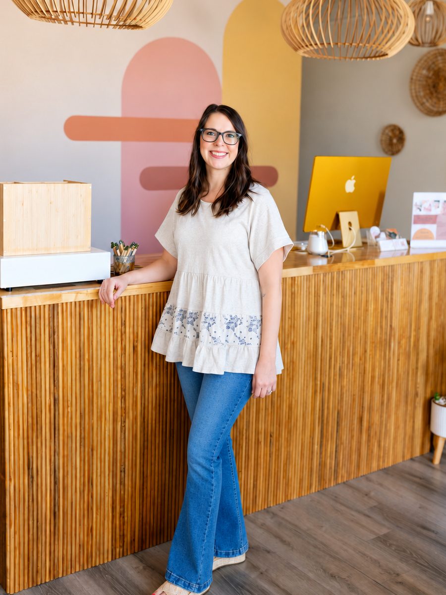 Magen Cash, founder of Mia June Facial Bar, at the reception desk